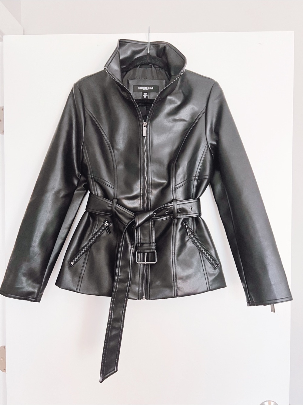 Kenneth Cole Black Faux Leather Belted Jacket